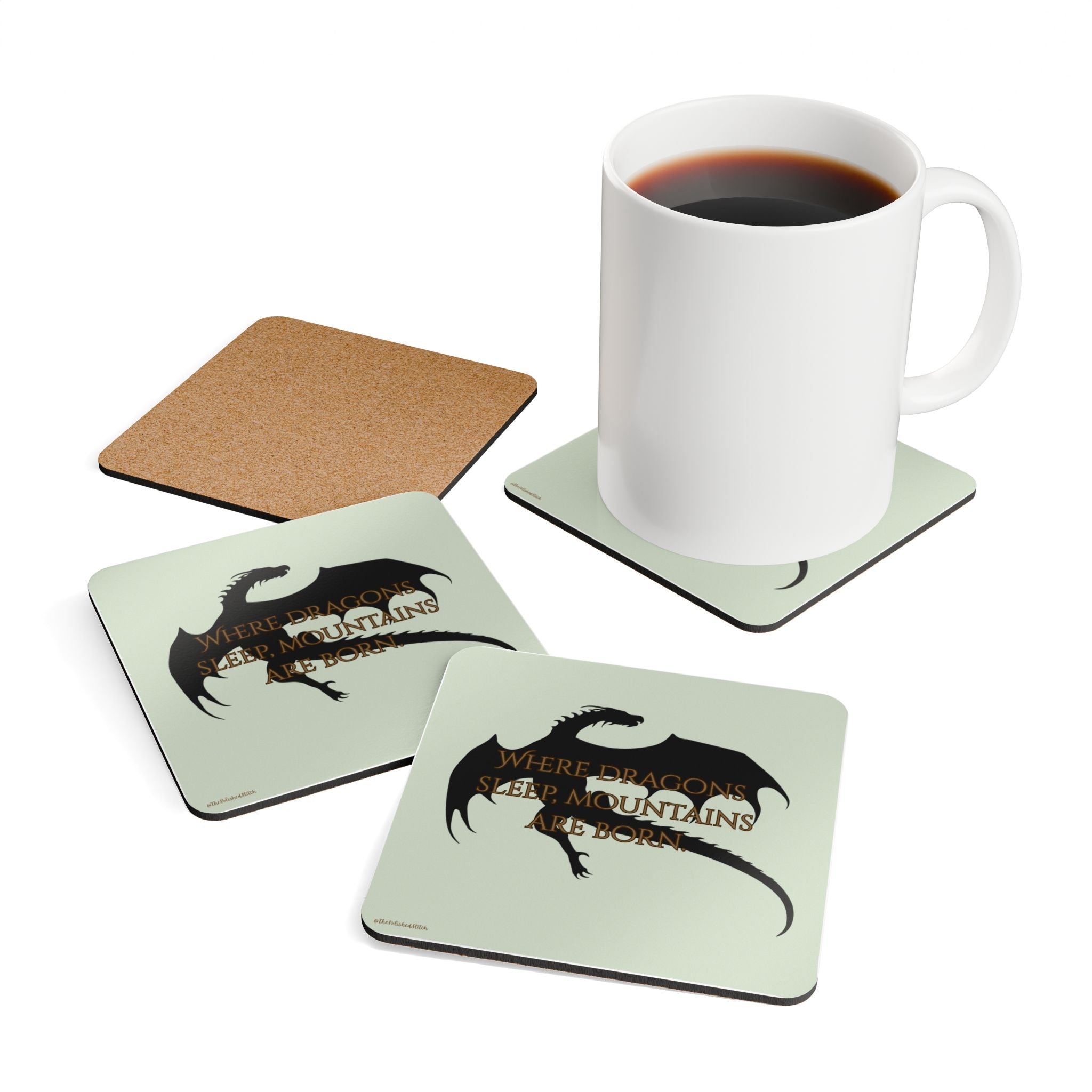 Dragon Silhouette Cork Coaster Set — "Where Dragons Sleep, Mountains Are Born"