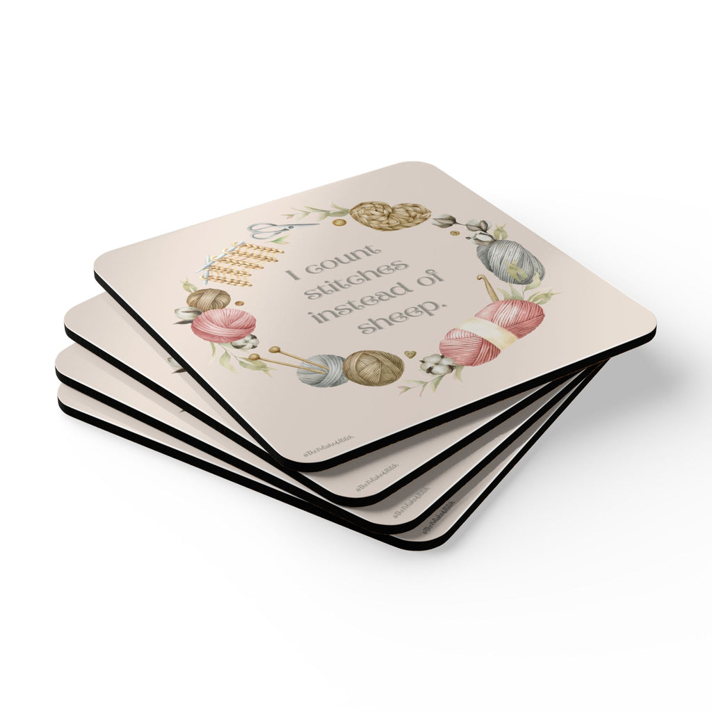 Knitting Coaster Set — “I Count Stitches Instead of Sheep” Cork Drink Coasters