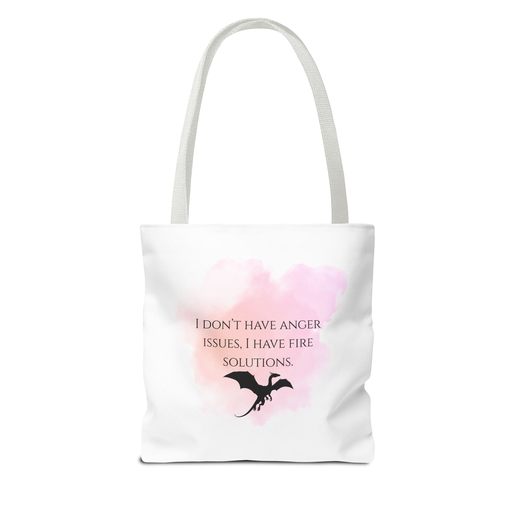 Dragon Quote Tote Bag — "I Don't Have Anger Issues, I Have Fire Solutions" Pink Watercolor
