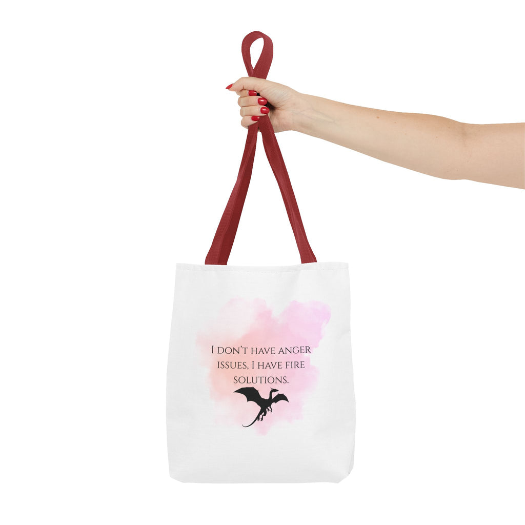 Dragon Quote Tote Bag — "I Don't Have Anger Issues, I Have Fire Solutions" Pink Watercolor