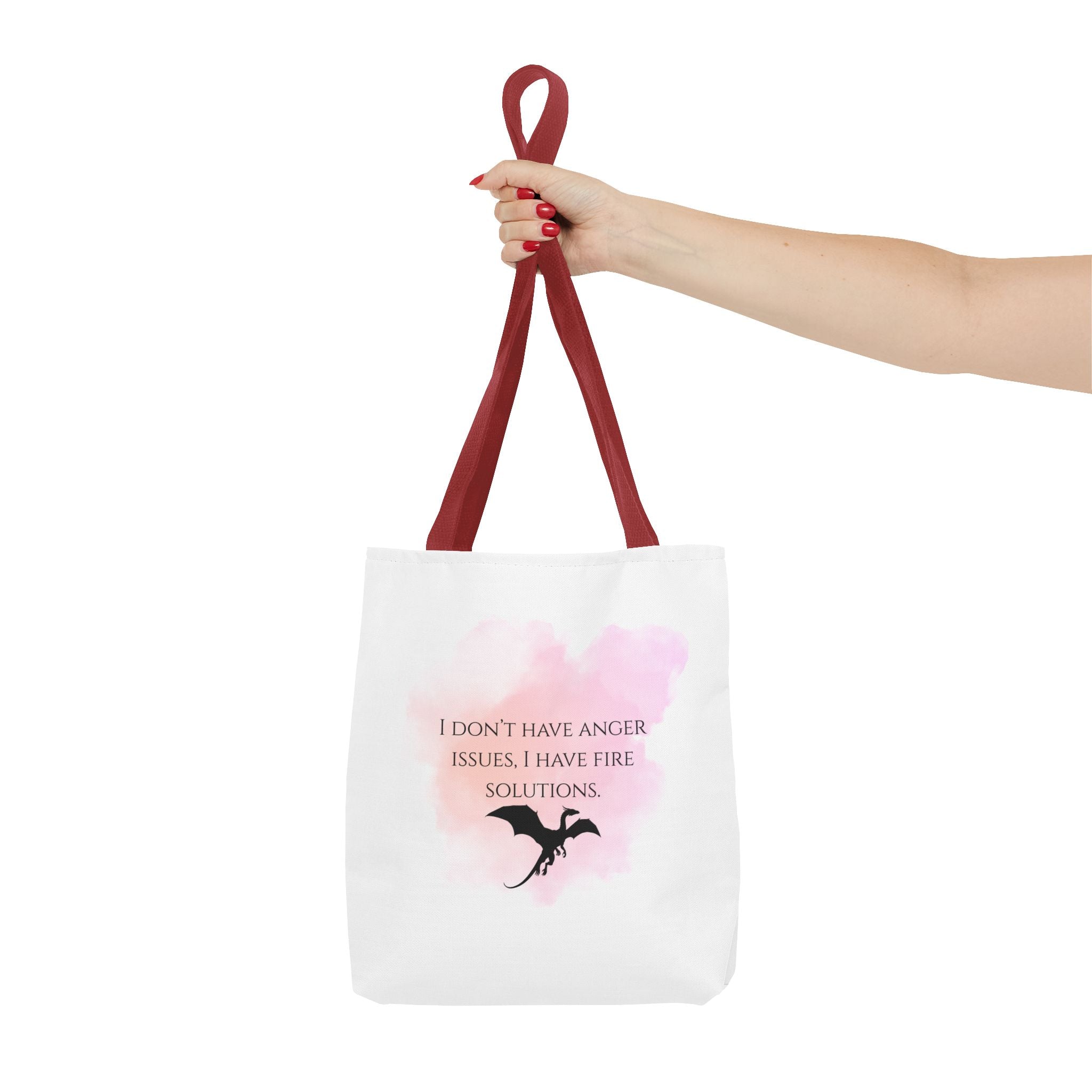 Dragon Quote Tote Bag — "I Don't Have Anger Issues, I Have Fire Solutions" Pink Watercolor
