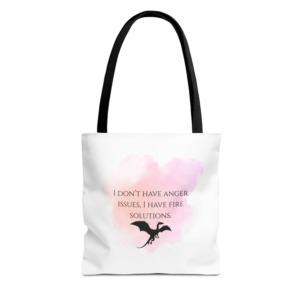 Dragon Quote Tote Bag — "I Don't Have Anger Issues, I Have Fire Solutions" Pink Watercolor