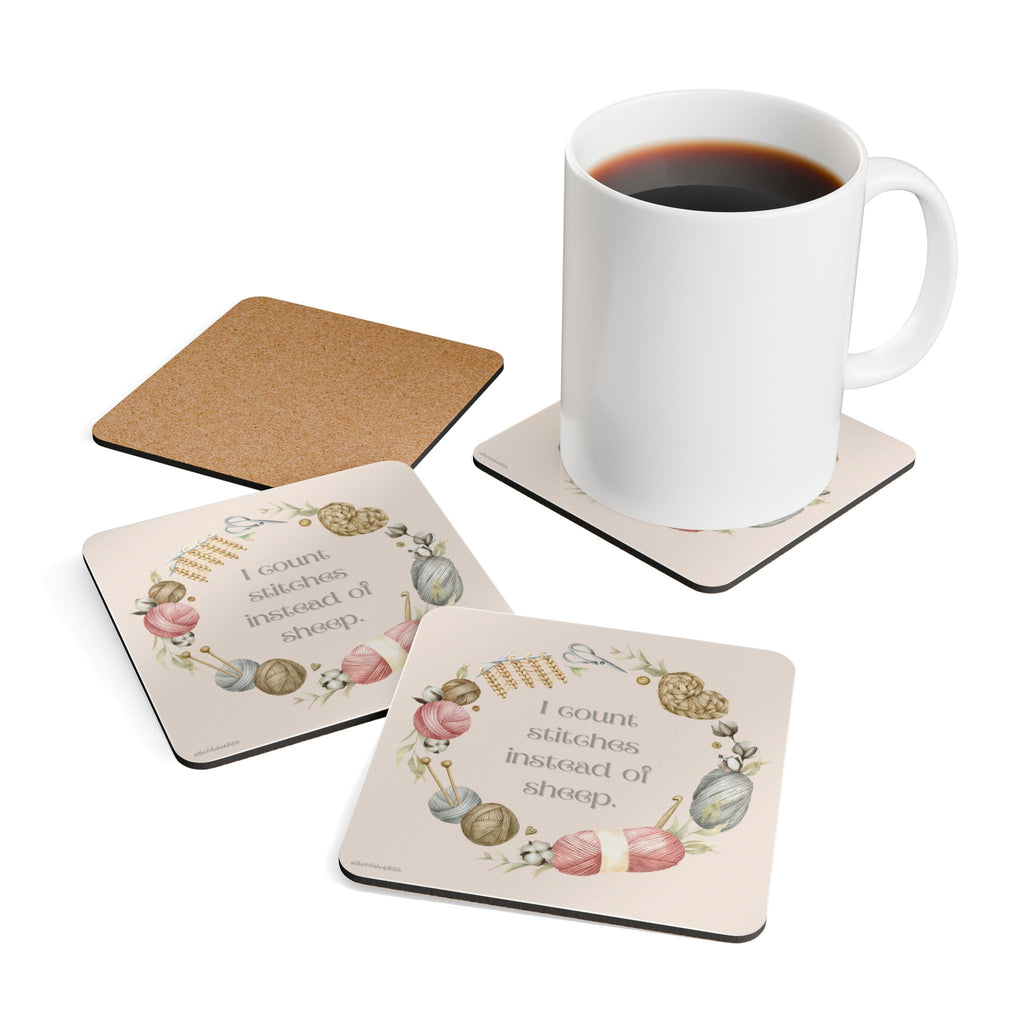 Knitting Coaster Set — “I Count Stitches Instead of Sheep” Cork Drink Coasters
