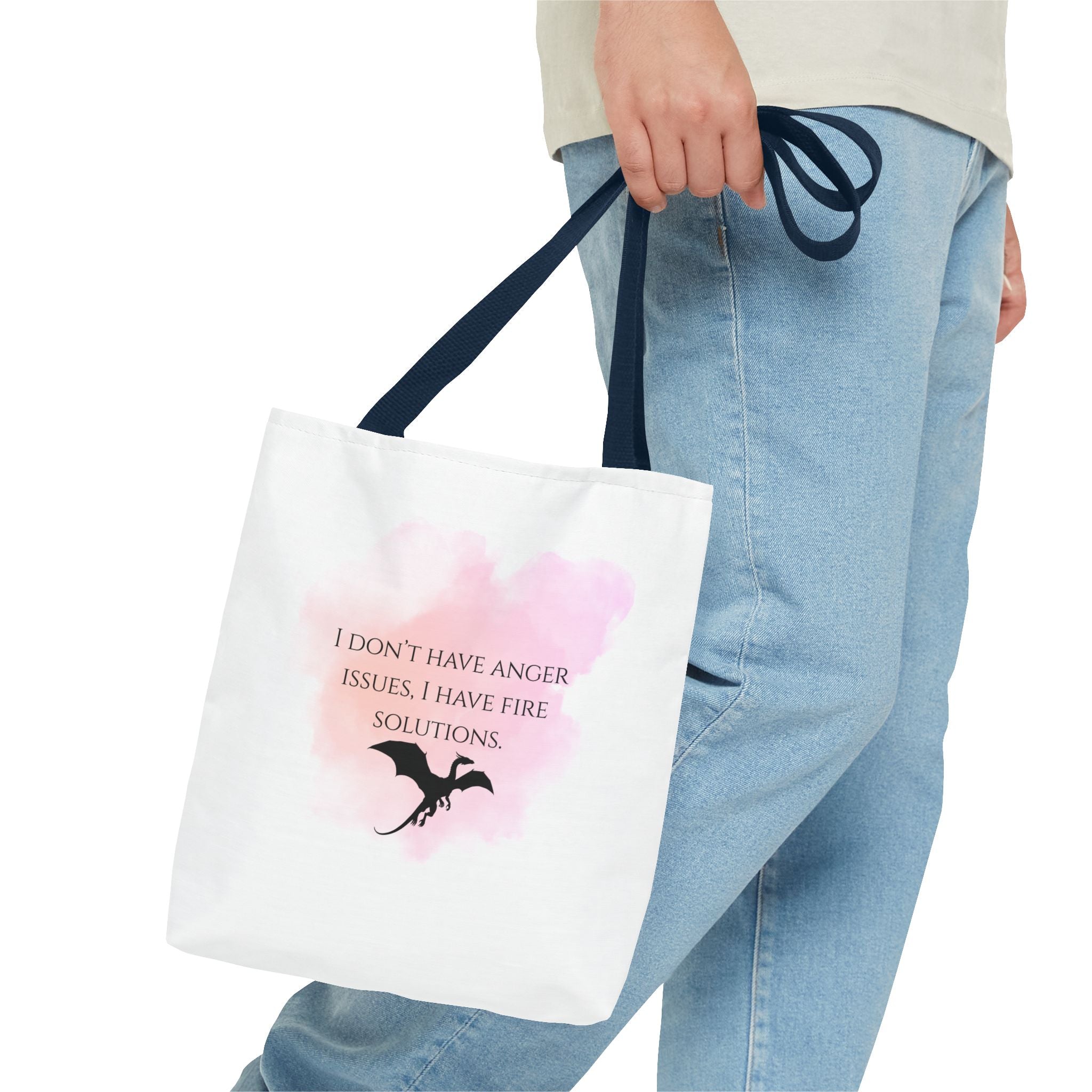 Dragon Quote Tote Bag — "I Don't Have Anger Issues, I Have Fire Solutions" Pink Watercolor