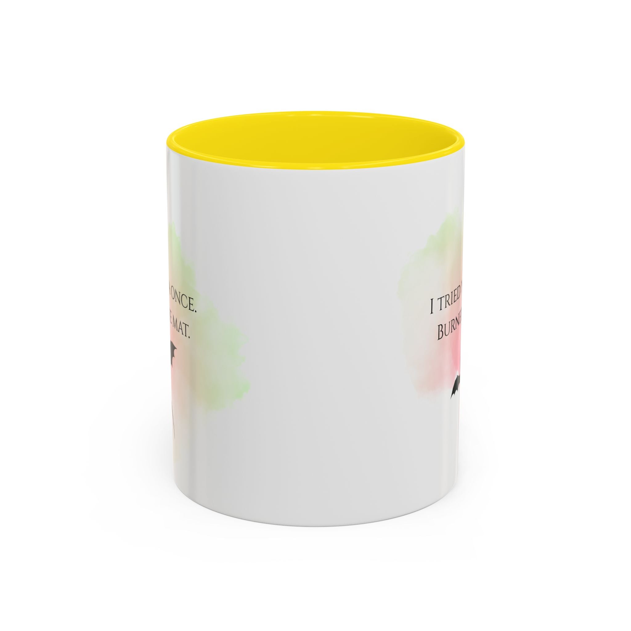 Yoga Humor Coffee Mug — "I Tried Yoga Once, Burned the Mat" Accent Mug