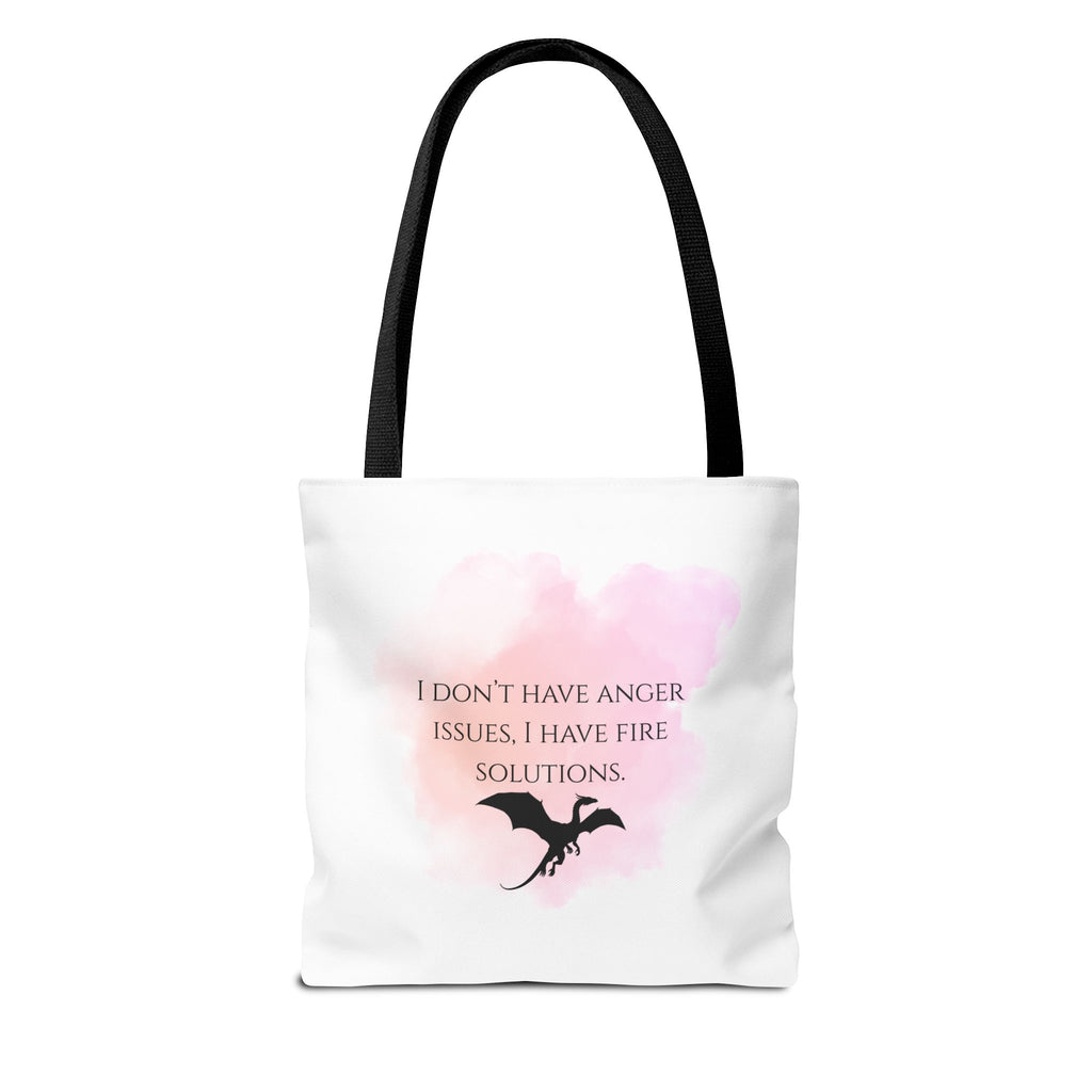 Dragon Quote Tote Bag — "I Don't Have Anger Issues, I Have Fire Solutions" Pink Watercolor