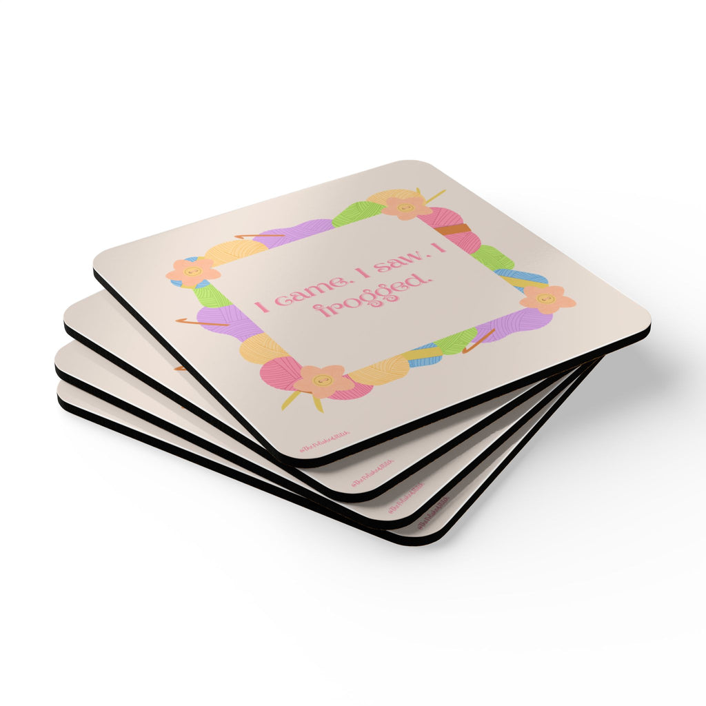 I Came, I Saw, I Frogged Cork Coaster Set — Pastel Floral Game Night Drink Protectors