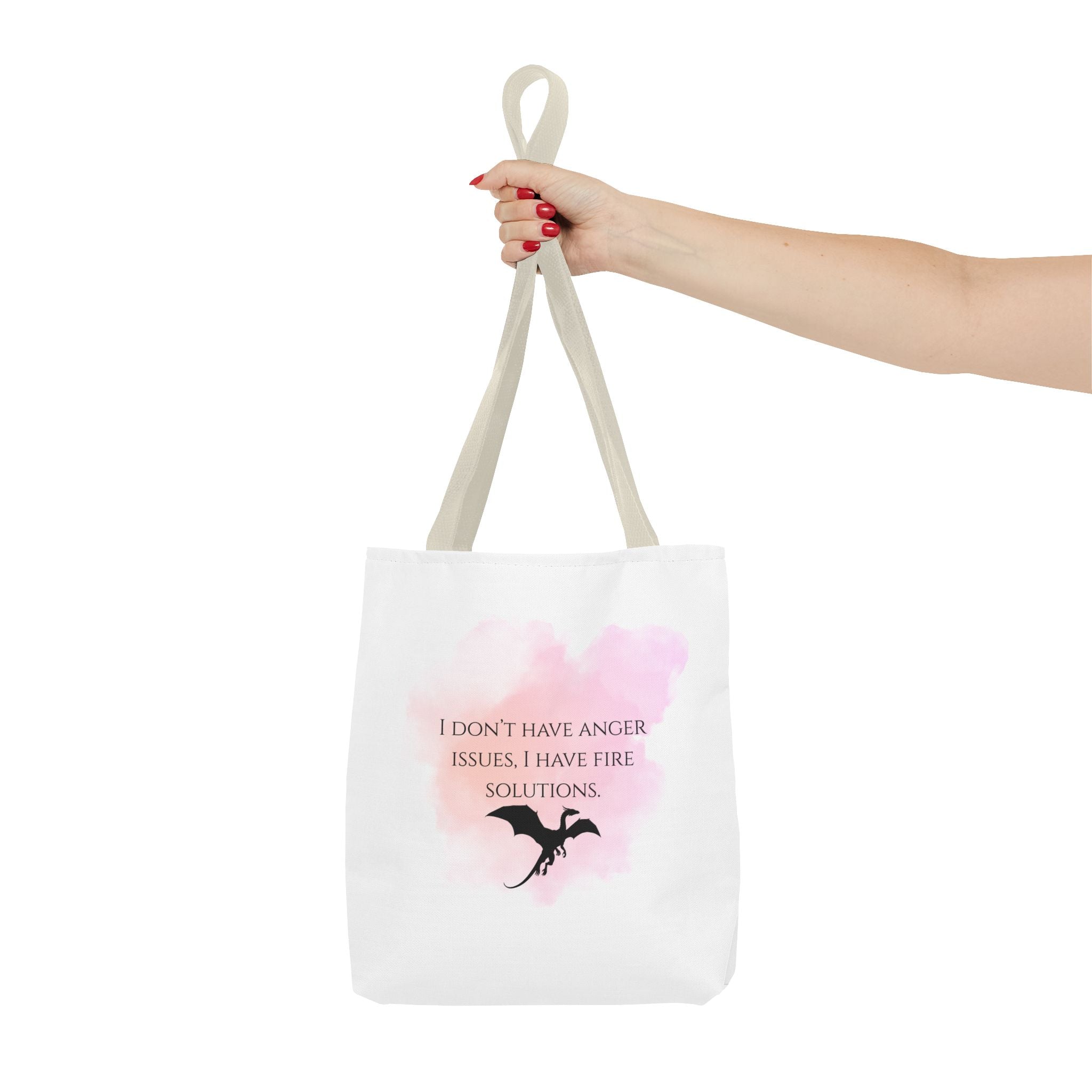 Dragon Quote Tote Bag — "I Don't Have Anger Issues, I Have Fire Solutions" Pink Watercolor