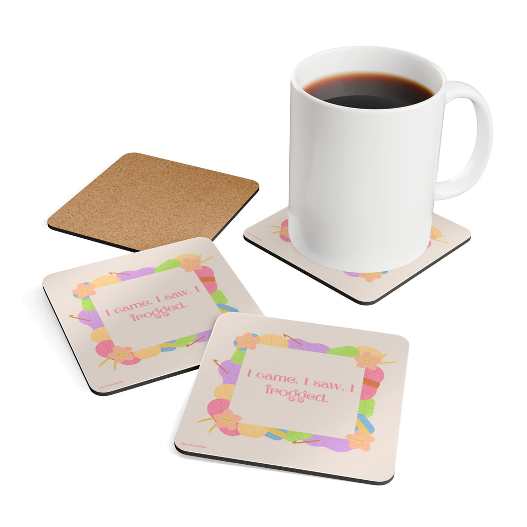 I Came, I Saw, I Frogged Cork Coaster Set — Pastel Floral Game Night Drink Protectors