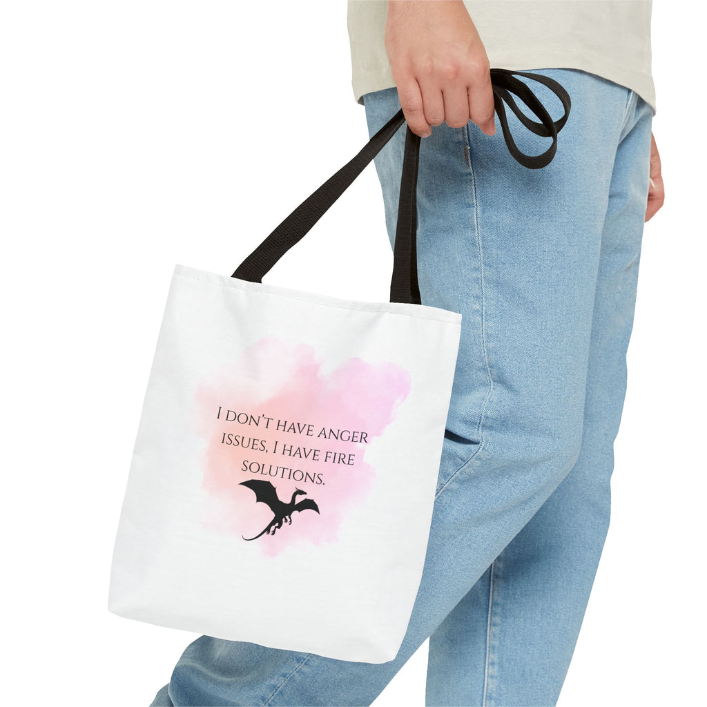 Dragon Quote Tote Bag — "I Don't Have Anger Issues, I Have Fire Solutions" Pink Watercolor