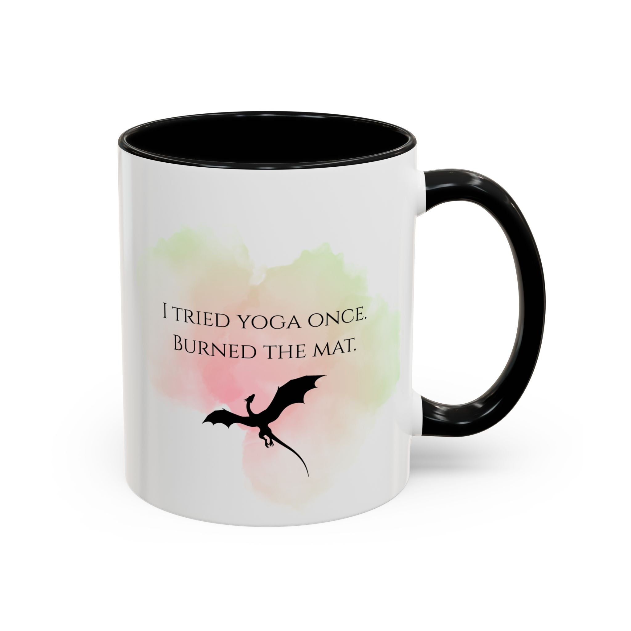 Yoga Humor Coffee Mug — "I Tried Yoga Once, Burned the Mat" Accent Mug