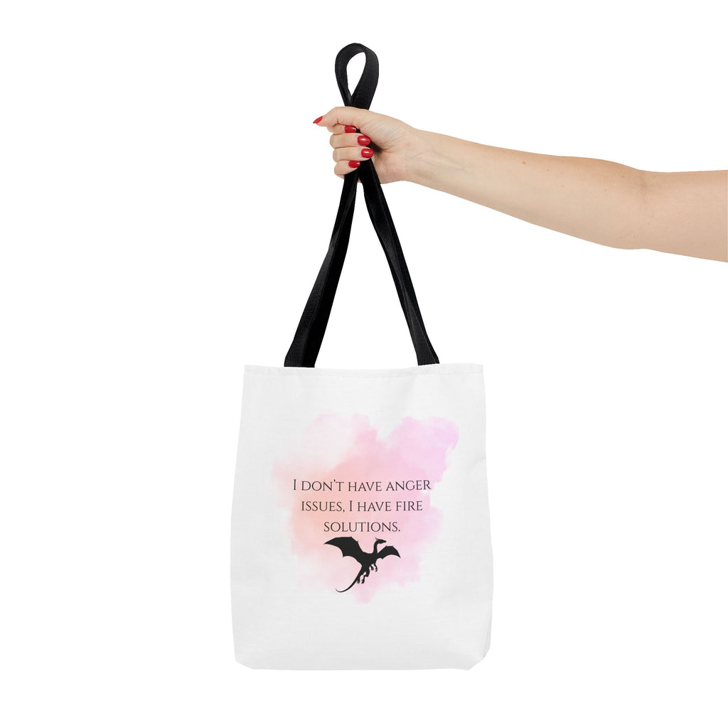 Dragon Quote Tote Bag — "I Don't Have Anger Issues, I Have Fire Solutions" Pink Watercolor