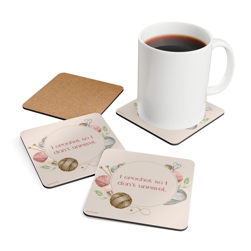 Knitting Coaster Set — "I Crochet So I Don't Unravel" Cork Coasters (Yarn & Needles)