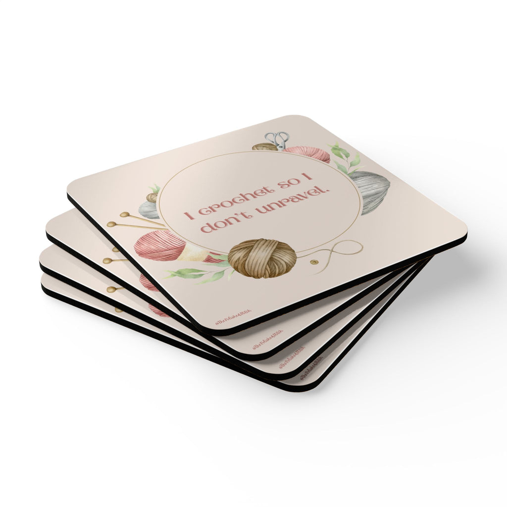 Knitting Coaster Set — "I Crochet So I Don't Unravel" Cork Coasters (Yarn & Needles)