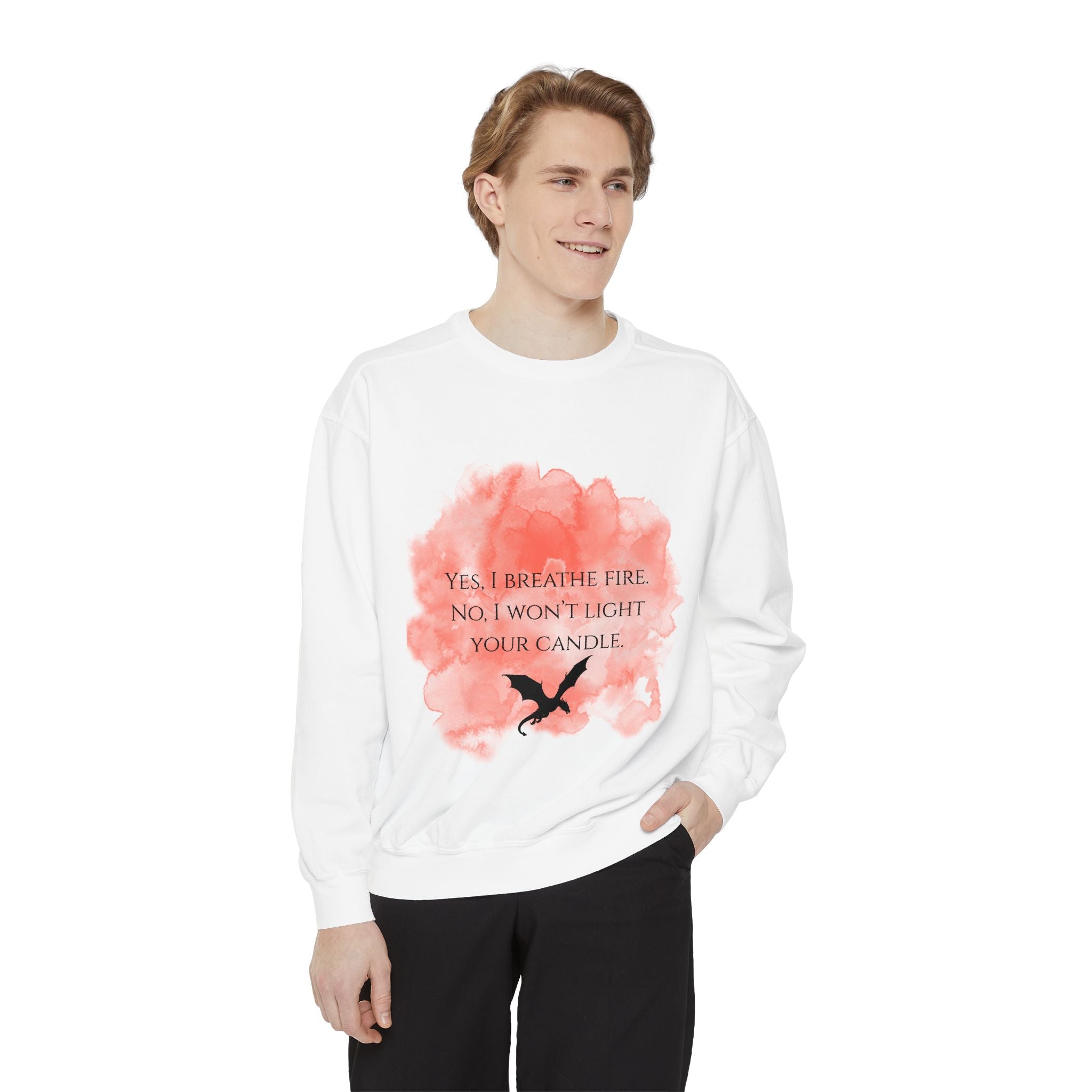 Dragon Humor Sweatshirt — "Yes, I Breathe Fire" Graphic Crewneck
