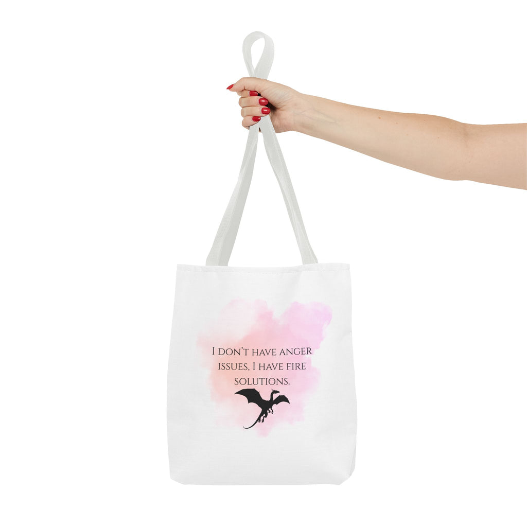 Dragon Quote Tote Bag — "I Don't Have Anger Issues, I Have Fire Solutions" Pink Watercolor