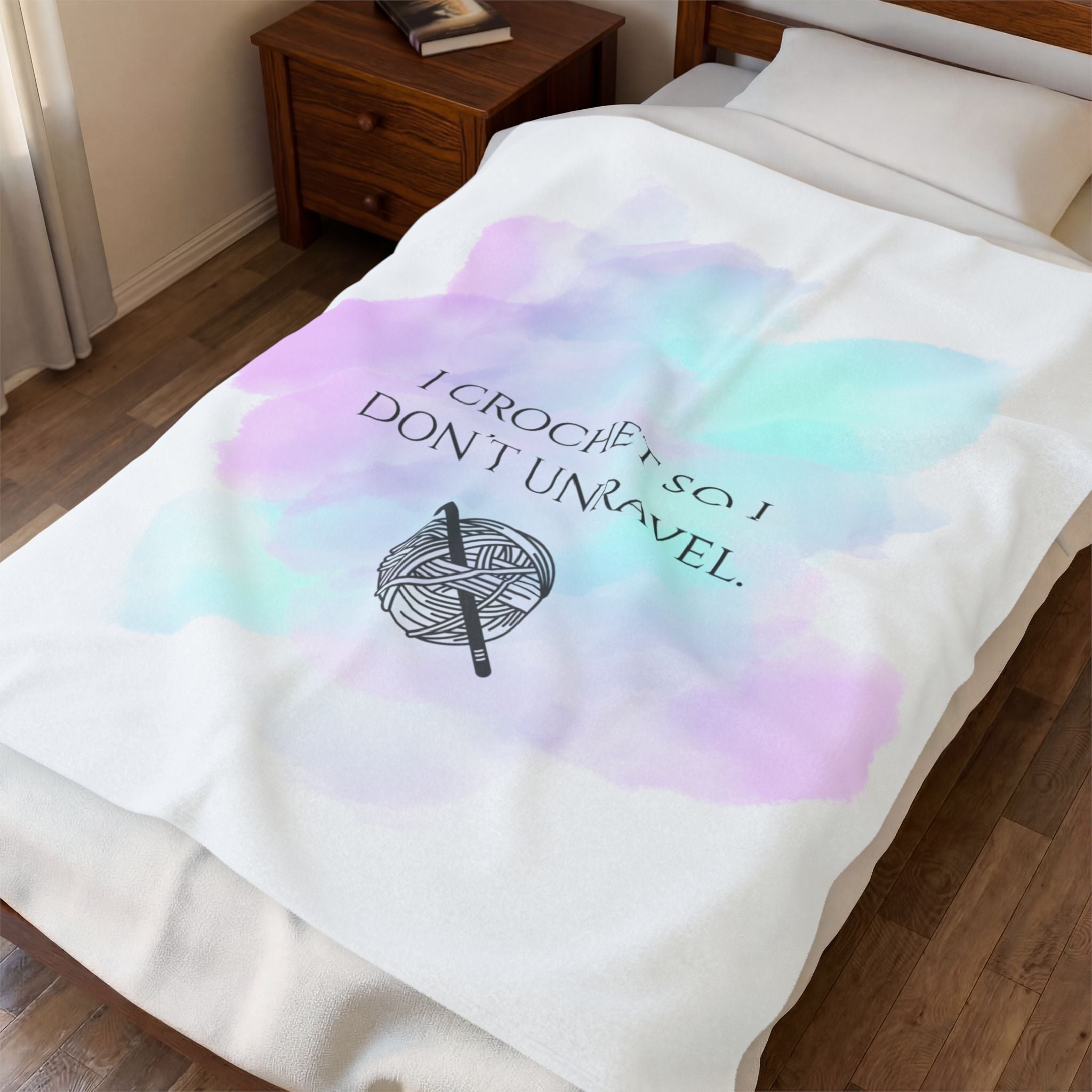 Crochet Cozy Plush Blanket — "I Crochet So I Don't Unravel" Pastel Yarn Throw