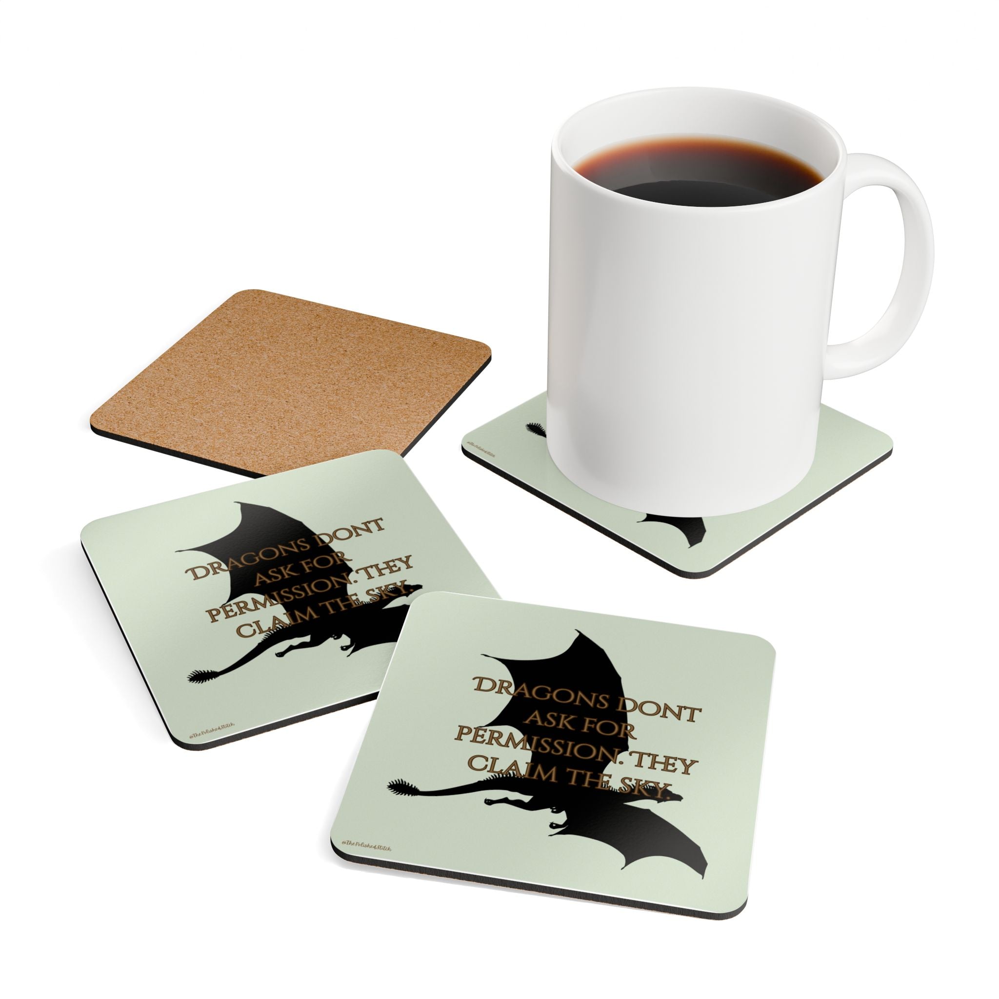 Dragon Silhouette Cork Coaster Set – "Dragons Don't Ask For Permission, They Claim The Sky"