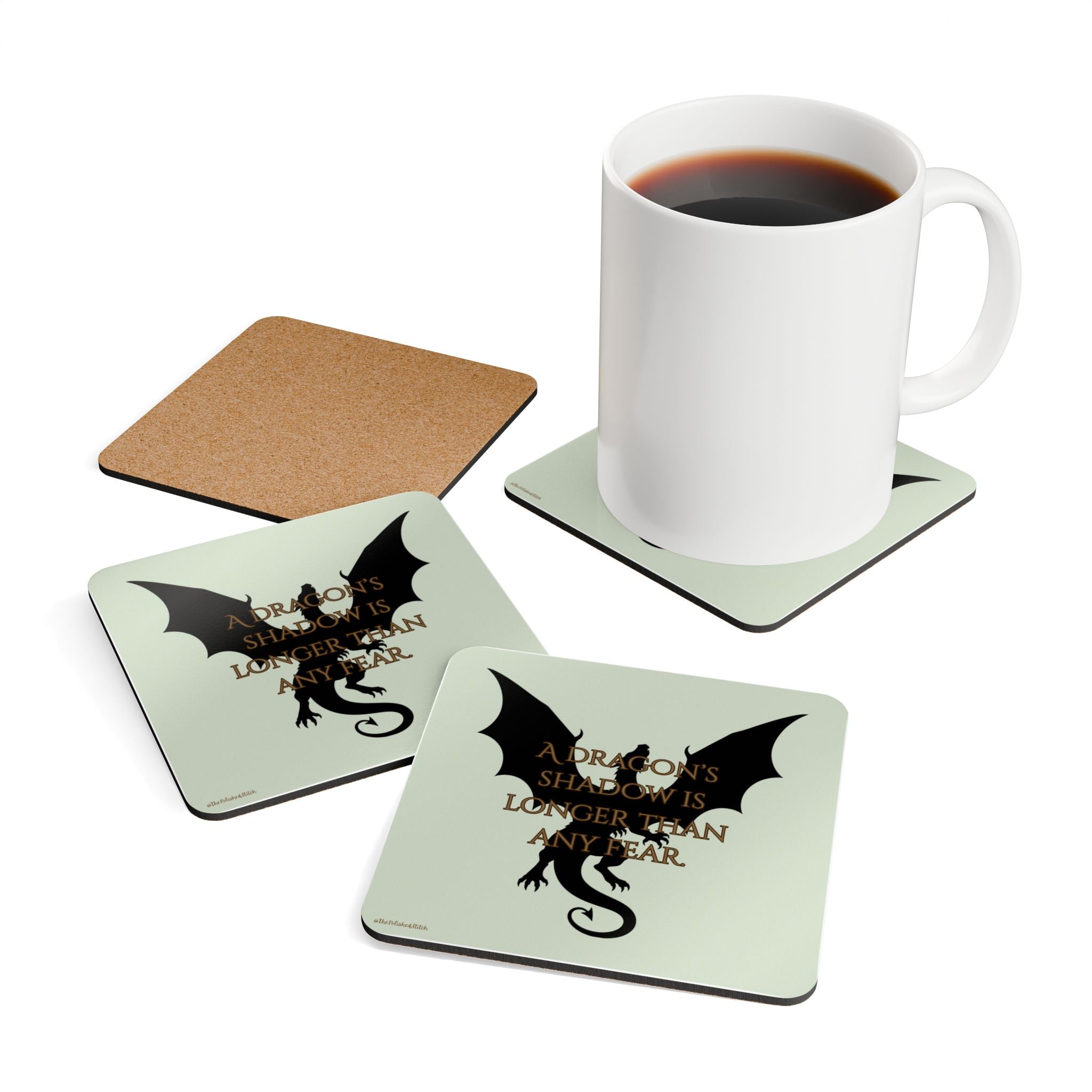 Dragon Silhouette Cork Coaster Set — "A Dragon's Shadow Is Longer Than Any Fear"