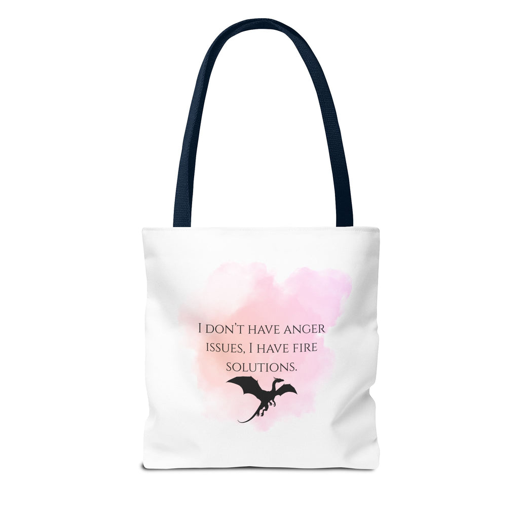 Dragon Quote Tote Bag — "I Don't Have Anger Issues, I Have Fire Solutions" Pink Watercolor