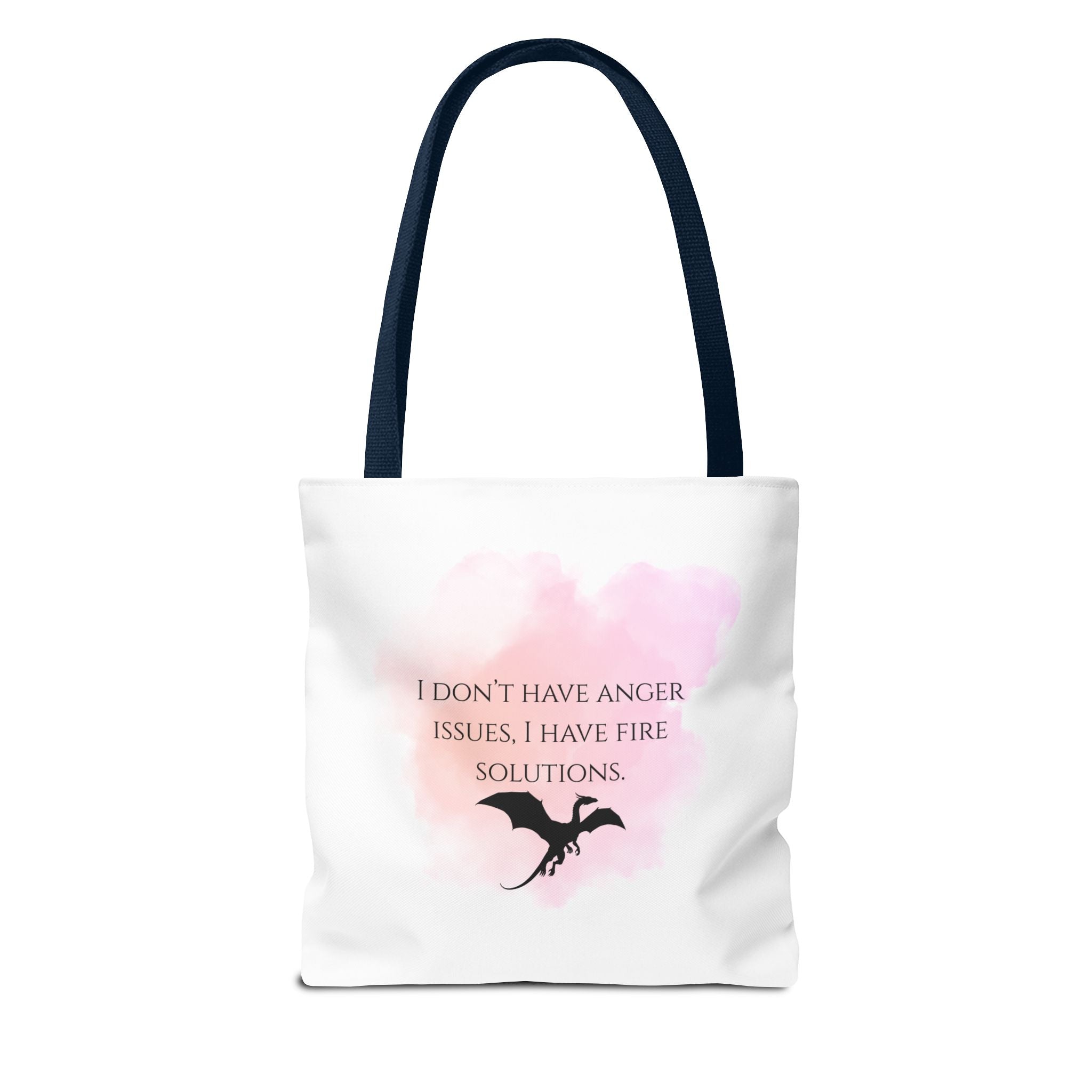Dragon Quote Tote Bag — "I Don't Have Anger Issues, I Have Fire Solutions" Pink Watercolor
