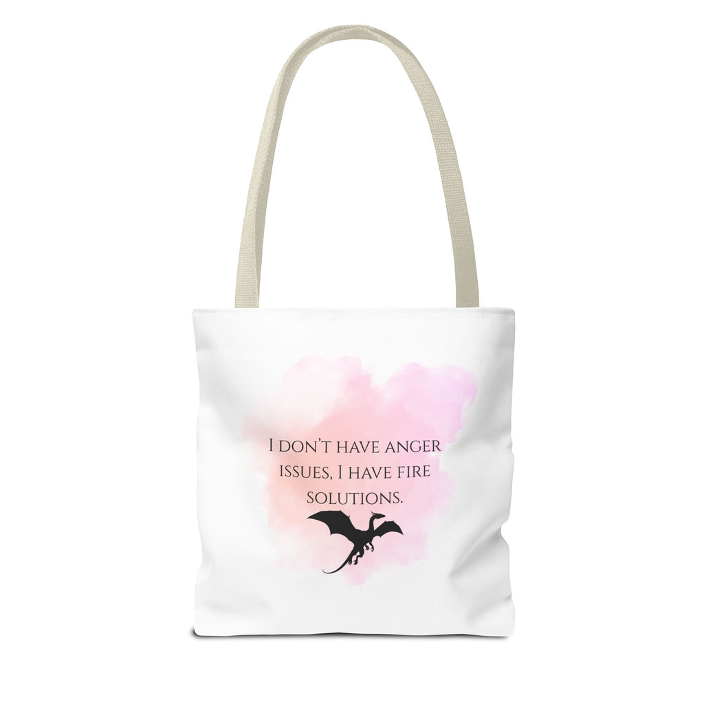 Dragon Quote Tote Bag — "I Don't Have Anger Issues, I Have Fire Solutions" Pink Watercolor