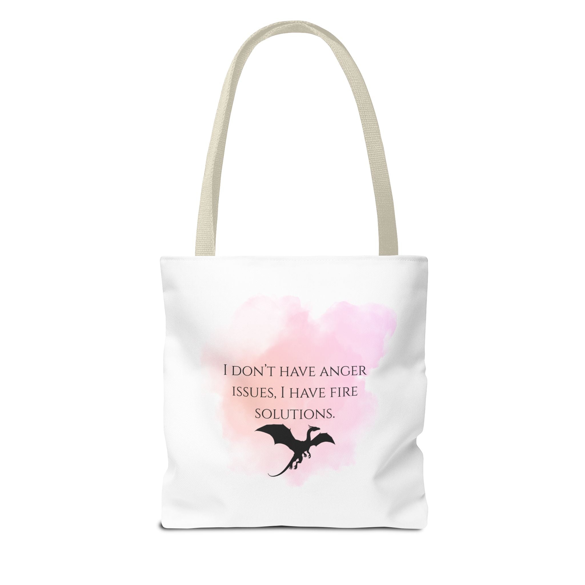 Dragon Quote Tote Bag — "I Don't Have Anger Issues, I Have Fire Solutions" Pink Watercolor