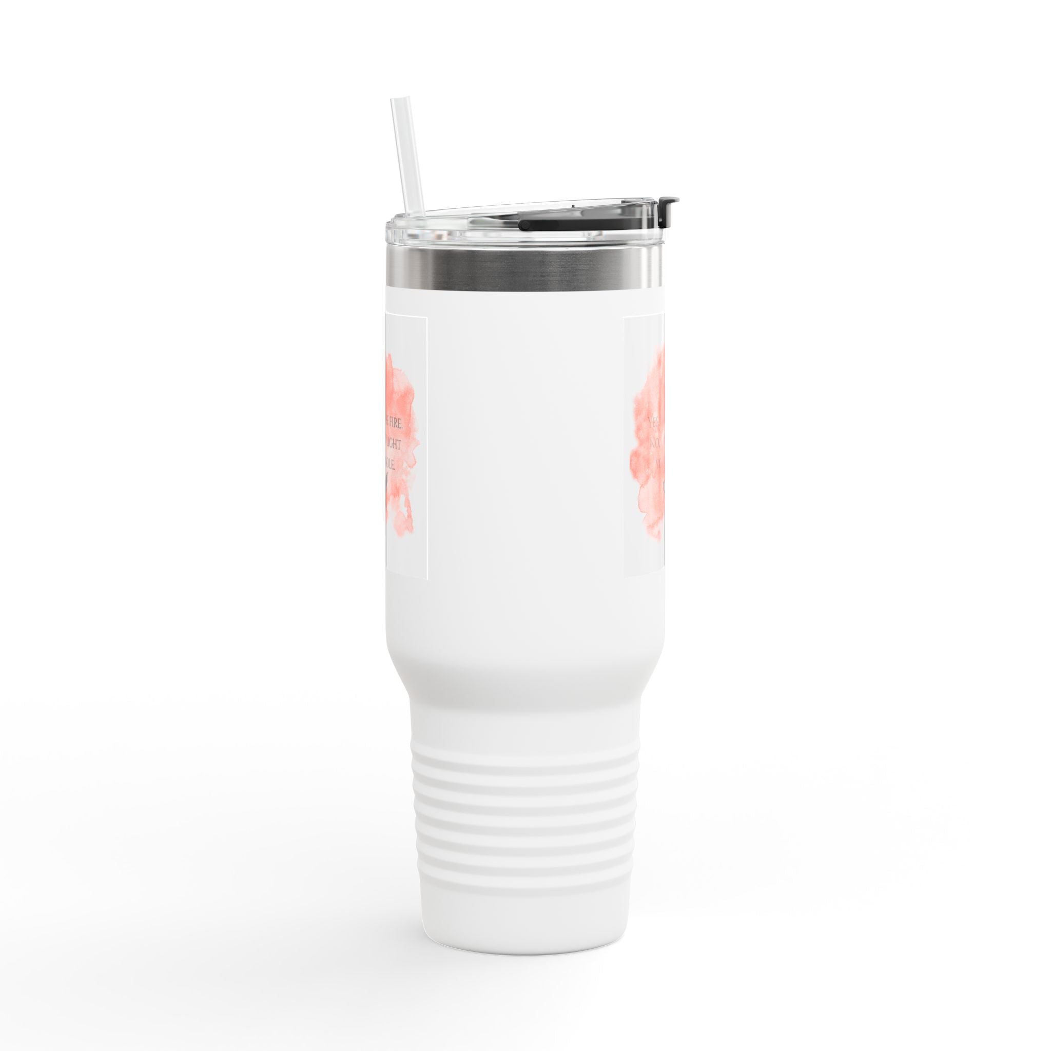 40oz Insulated Travel Mug — Pink Watercolor "Yes, I Breathe Fire" Design