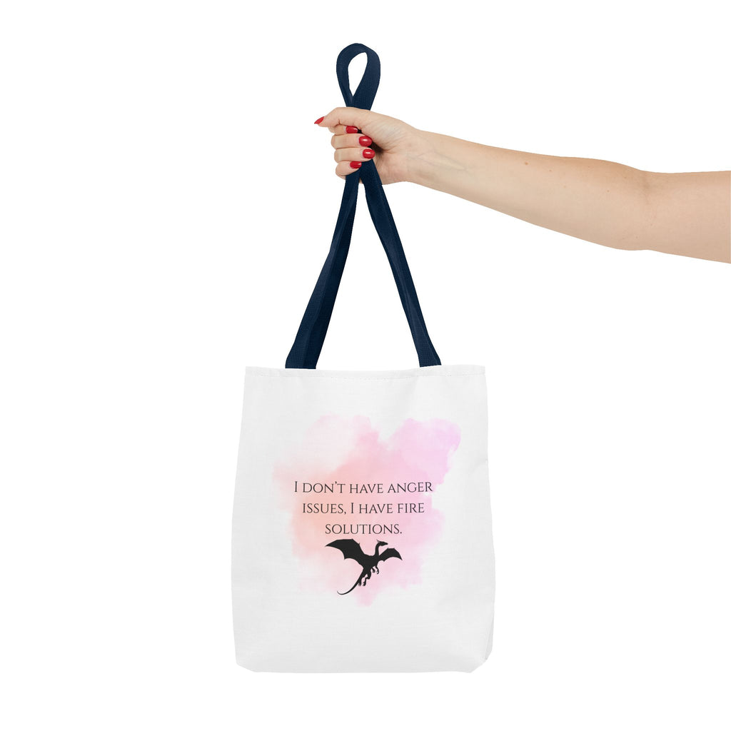 Dragon Quote Tote Bag — "I Don't Have Anger Issues, I Have Fire Solutions" Pink Watercolor