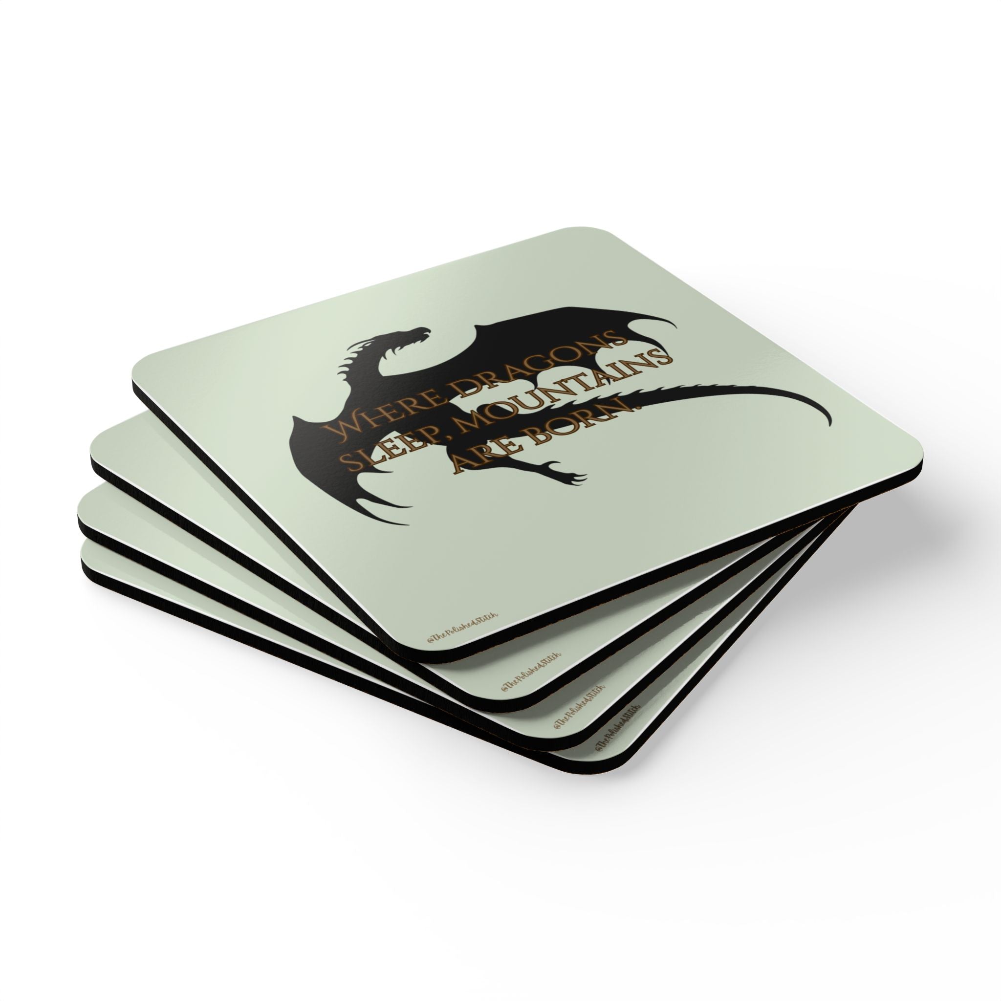 Dragon Silhouette Cork Coaster Set — "Where Dragons Sleep, Mountains Are Born"