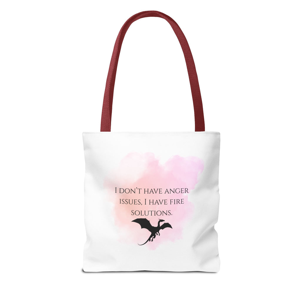 Dragon Quote Tote Bag — "I Don't Have Anger Issues, I Have Fire Solutions" Pink Watercolor