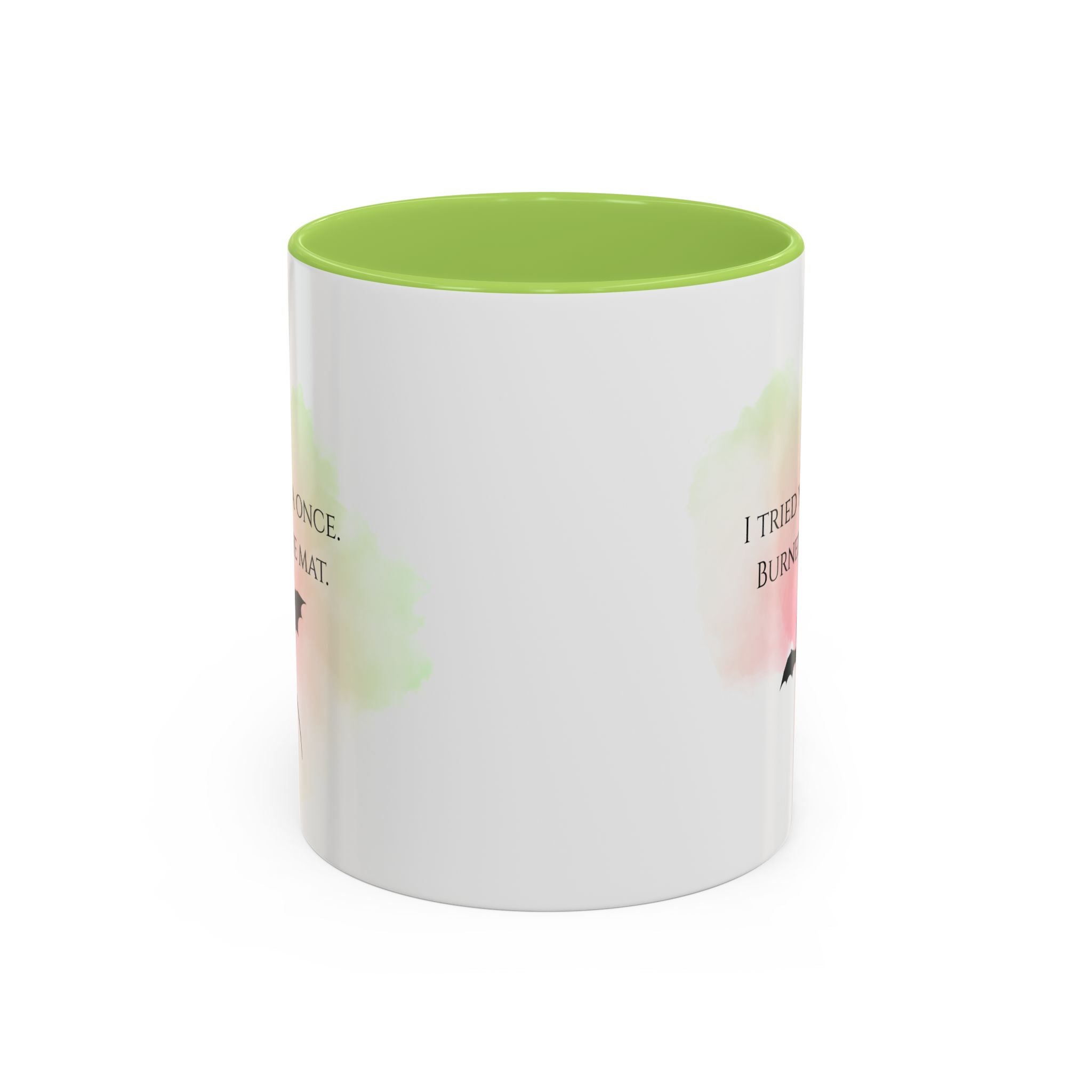 Yoga Humor Coffee Mug — "I Tried Yoga Once, Burned the Mat" Accent Mug